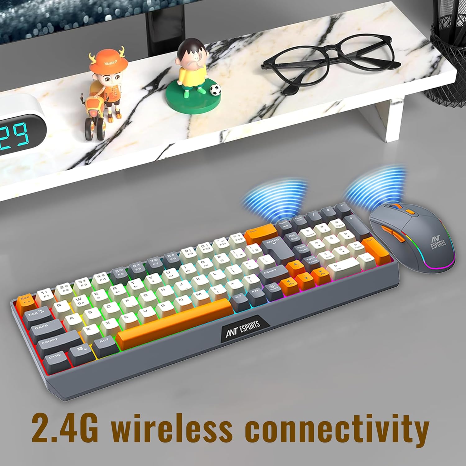 Ant Esports KM590 Pro Wireless Gaming Keyboard and Mouse Combo – 2.4GHz, RGB Rainbow LED, Rechargeable, 85 Keys Membrane Keyboard, 6-Button Wireless Mouse with USB Type-C Cable_ Grey-Orange- Beige Visit the Ant Esports Store - Image 2