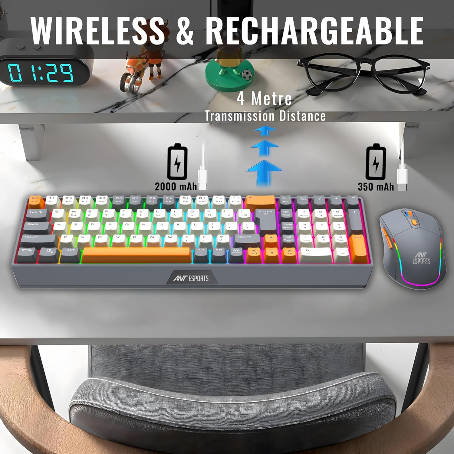 Ant Esports KM590 Pro Wireless Gaming Keyboard and Mouse Combo – 2.4GHz, RGB Rainbow LED, Rechargeable, 85 Keys Membrane Keyboard, 6-Button Wireless Mouse with USB Type-C Cable_ Grey-Orange- Beige Visit the Ant Esports Store - Image 3