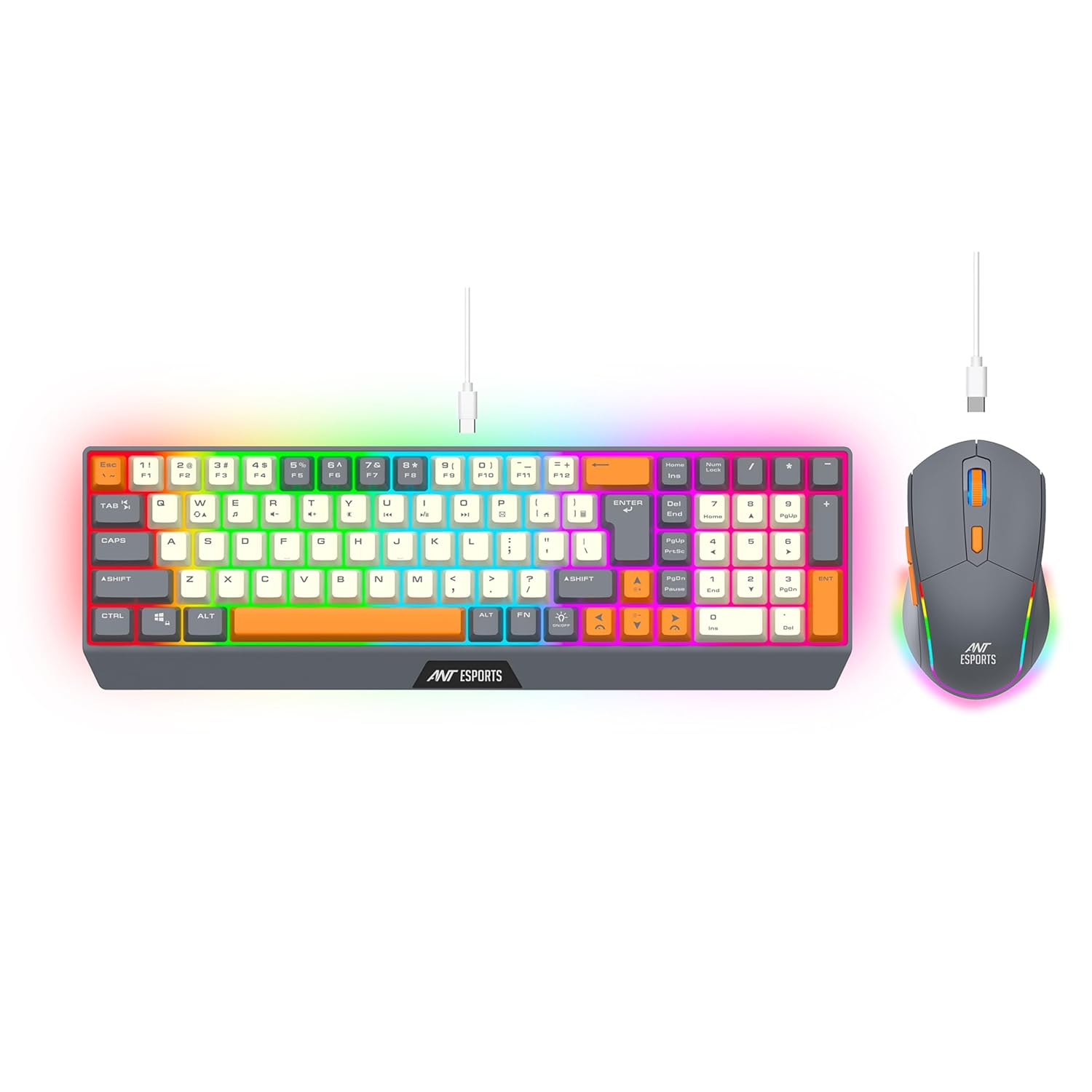 Ant Esports KM590 Pro Wireless Gaming Keyboard and Mouse Combo – 2.4GHz, RGB Rainbow LED, Rechargeable, 85 Keys Membrane Keyboard, 6-Button Wireless Mouse with USB Type-C Cable_ Grey-Orange- Beige Visit the Ant Esports Store