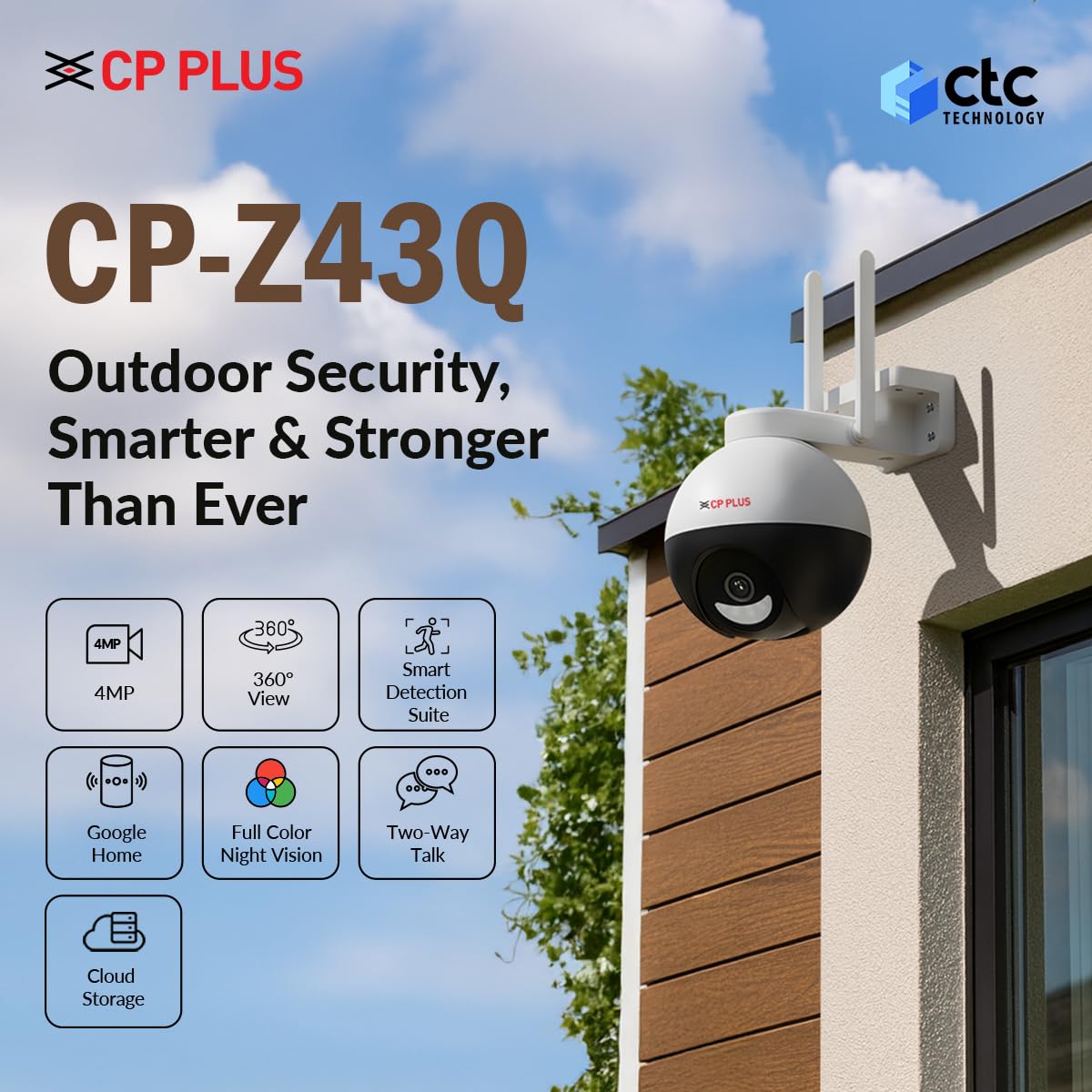 CP PLUS 4MP Quad HD Outdoor Wi-Fi CCTV Camera | 360° Pan & Tilt | Full-Color Night Vision | CTC Cyber Secure Tech | Smart Detection Suite | View & Talk | OK Google | Cloud Recording | CP-Z43Q - Image 2