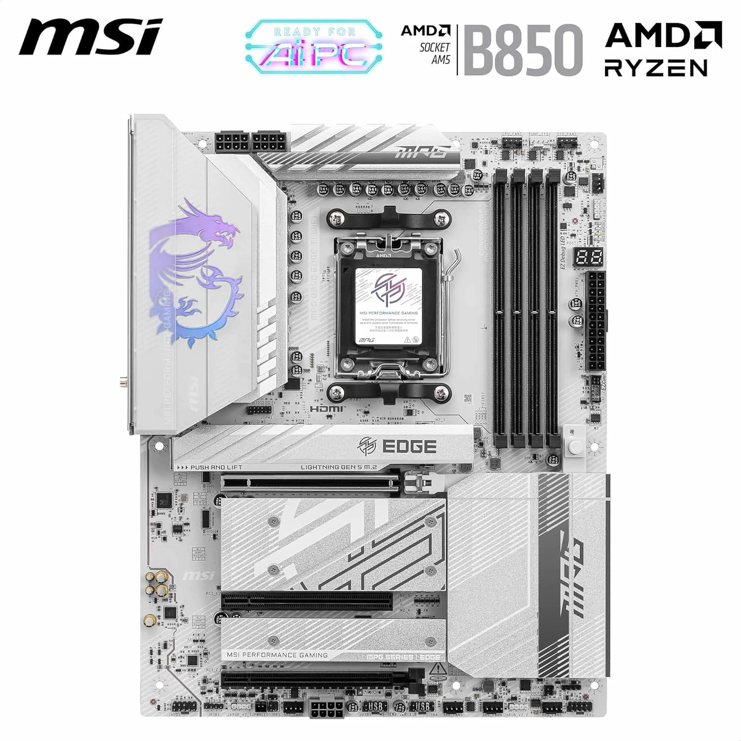 MSI MPG B850 Edge TI WiFi Motherboard, ATX - Supports AMD Ryzen 9000/8000 / 7000 Processors, AM5-80A SPS VRM, DDR5 Memory Boost (8400+MT/s OC), PCIe 5.0 x16, M.2 Gen5, Wi-Fi 7, 5G LAN - Image 2